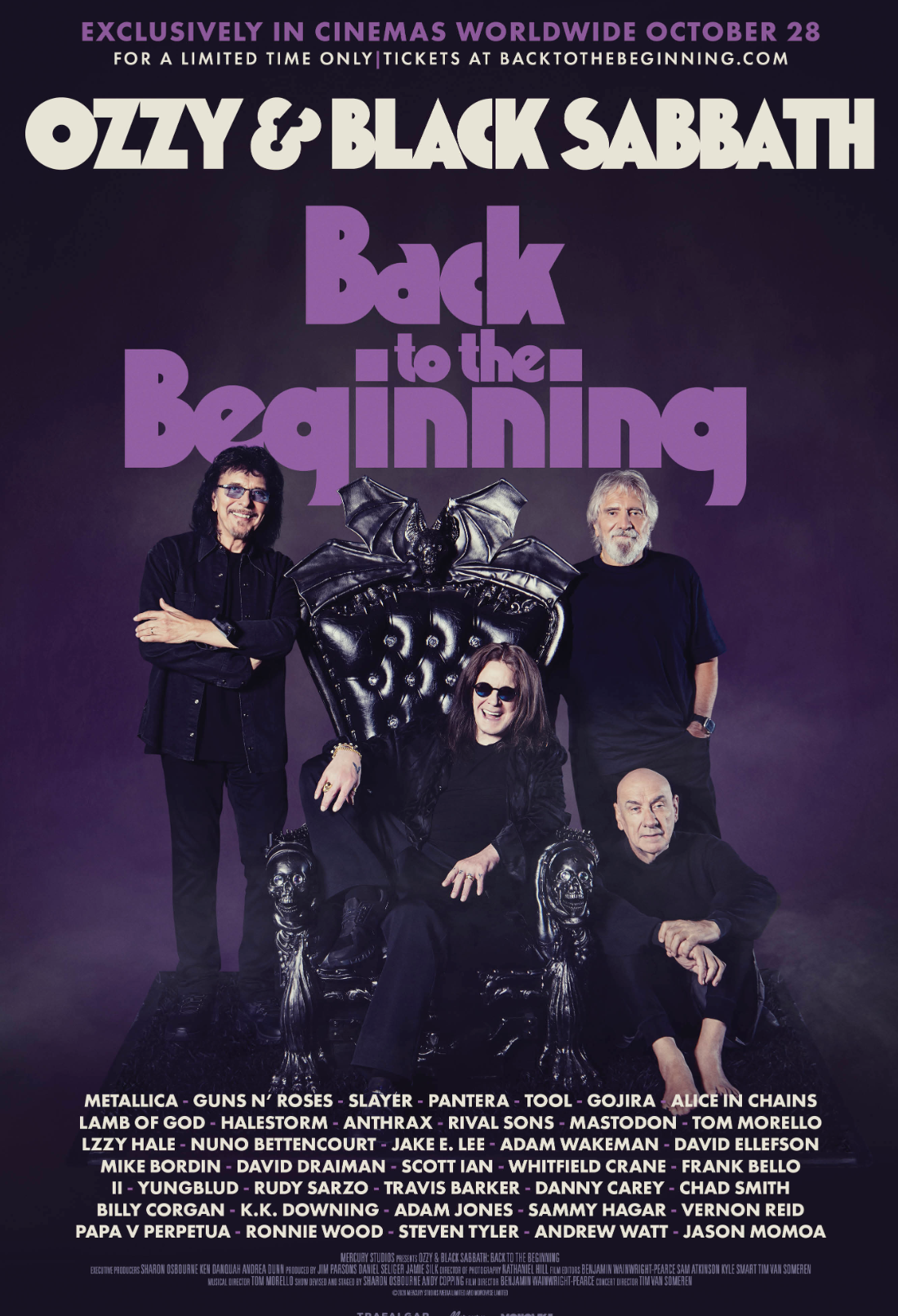 Movie poster for Ozzy & Black Sabbath Back to the Beginning documentary showing band members gathered around a throne.